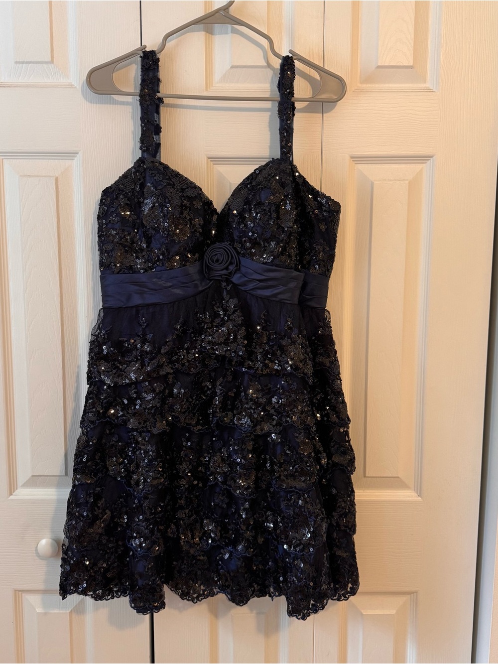 Elegant Navy Sequin Mini Dress with Rosette Waist